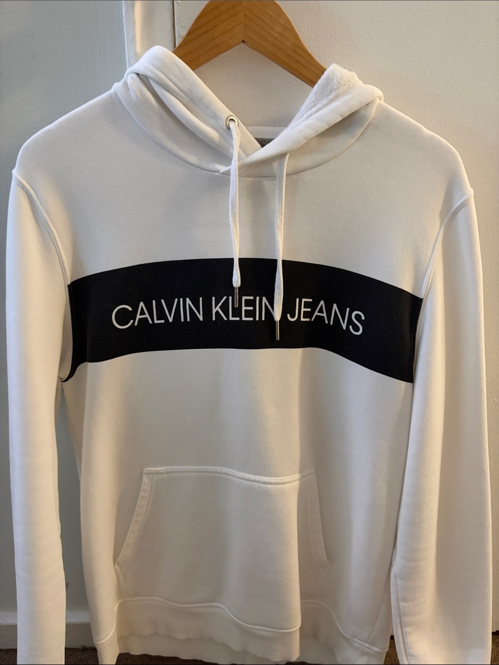 Calvin Klein White Hoodie with Black Chest Band Logo